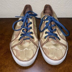 Coach Barrett sneakers in the signature khaki and brown canvas with blue lace